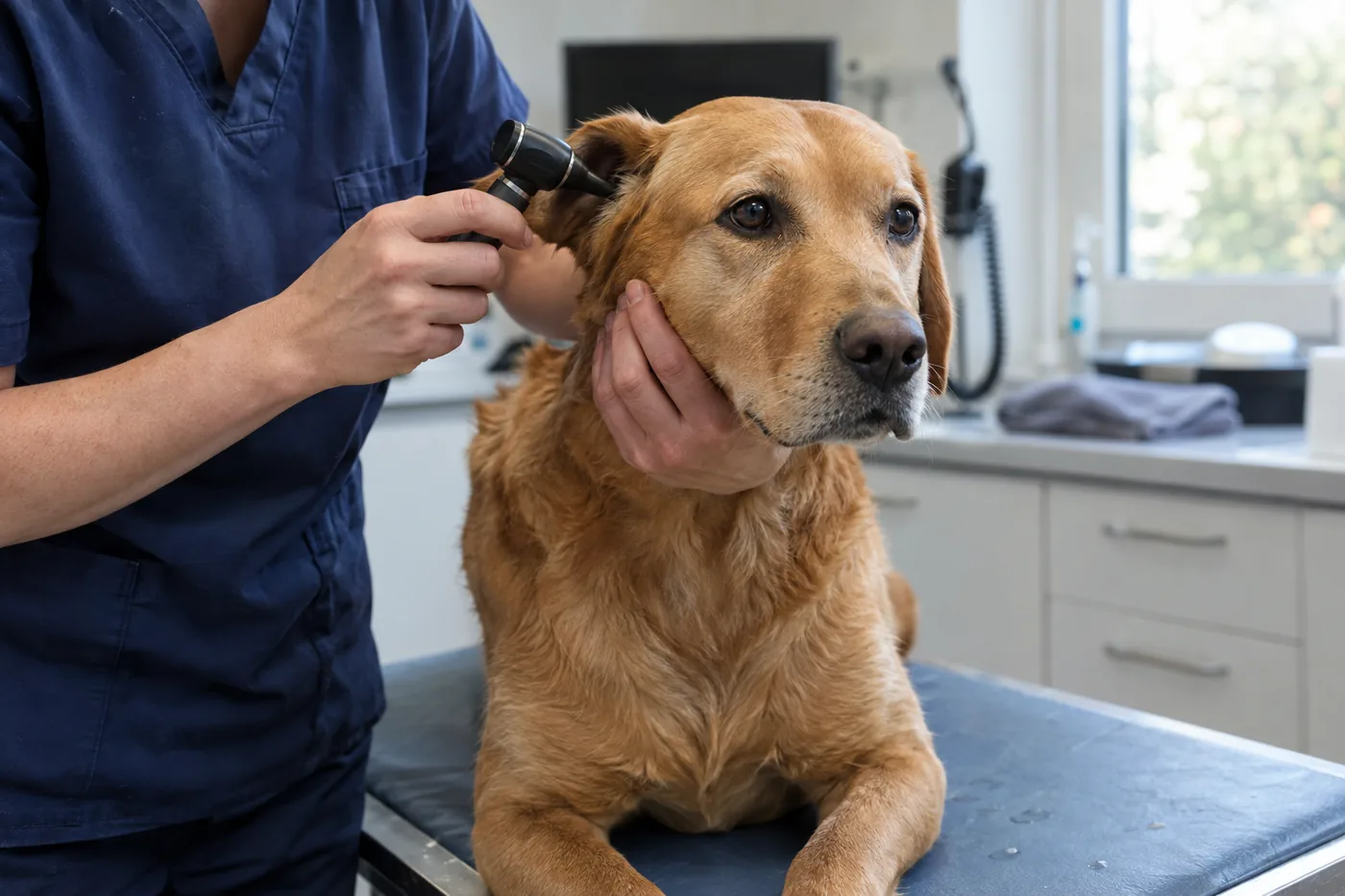 A smiling woman hugging a golden retriever puppy against a teal wall