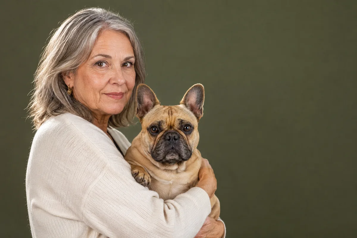 A woman holding a fawn French Bulldog against a dark green background