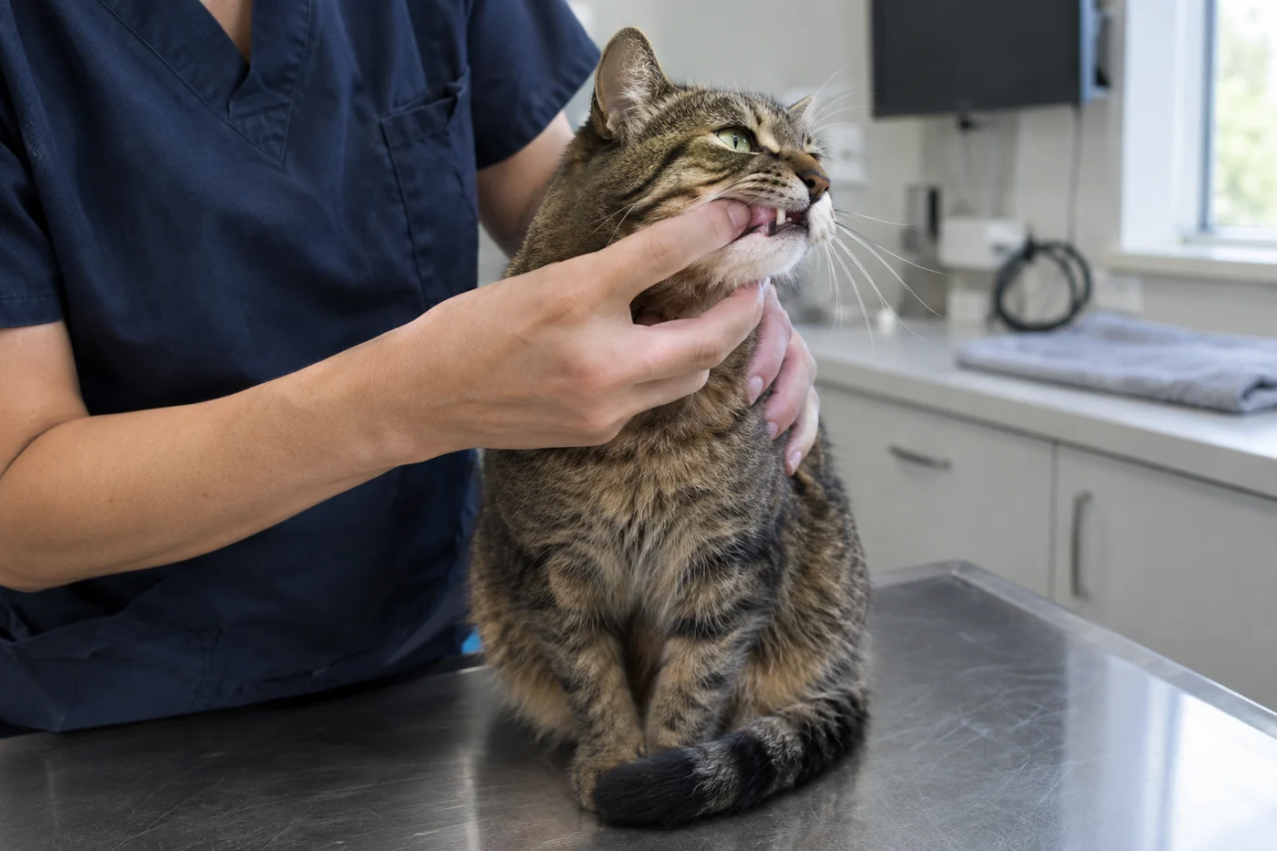 A veterinarian lifting a tabby cat's lip to check its gums and teeth on the exam table, the oral exam a pet dental cleaning Chilliwack visit starts with