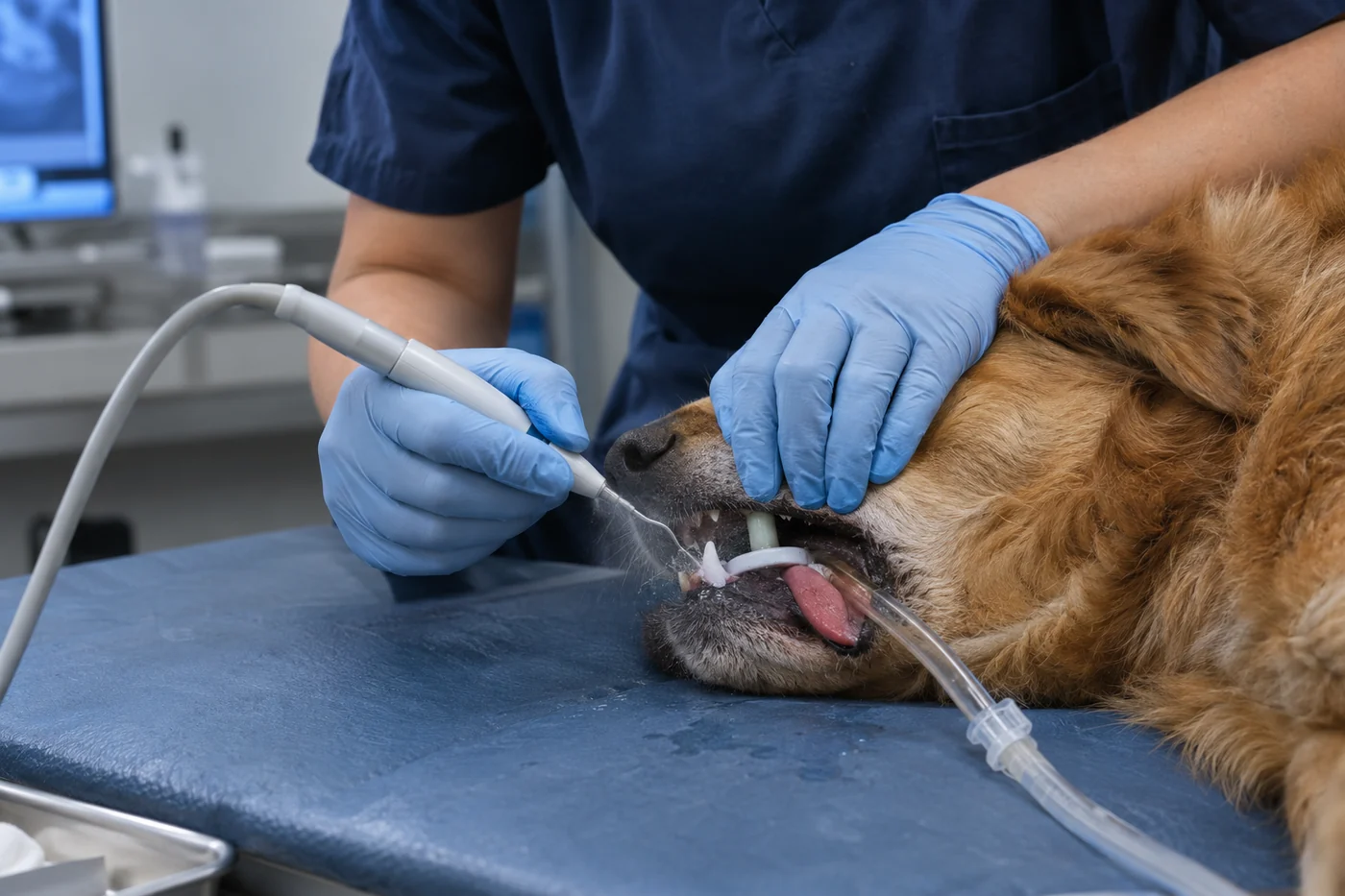 A veterinarian scaling an anaesthetised dog's teeth with an ultrasonic scaler at Promontory Animal Hospital in Chilliwack