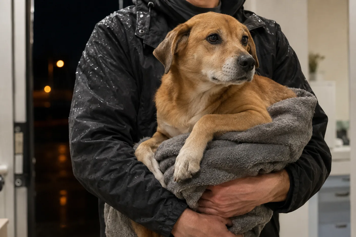 A dog wrapped in a blanket being carried in from a rainy night to Promontory Animal Hospital, the emergency vet in Chilliwack