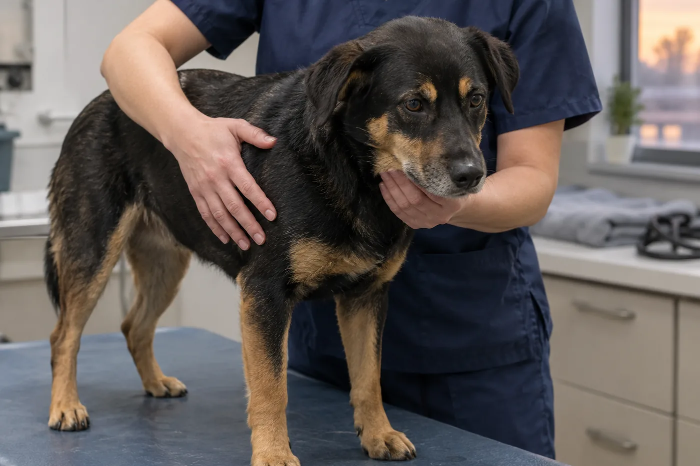 A black and tan dog standing on an exam table while a veterinary team member steadies it