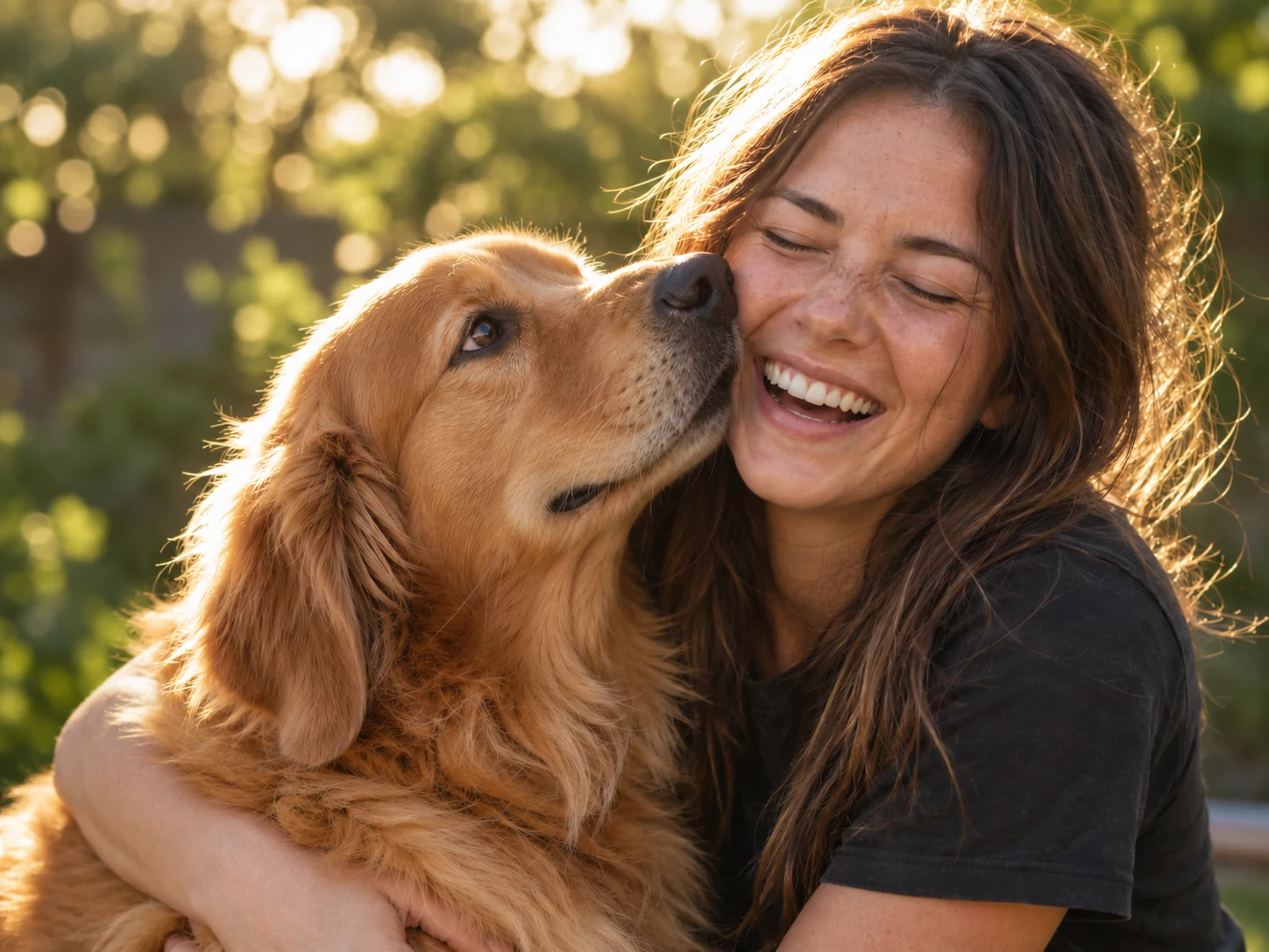 A healthy golden retriever nuzzling its owner's cheek as she laughs in the evening sun. Companion animal care from a veterinarian in Chilliwack