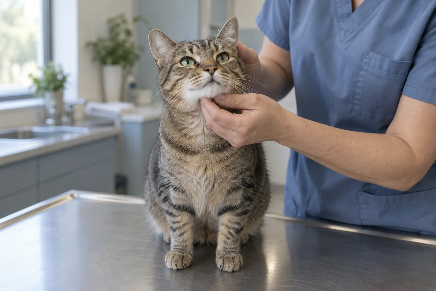 A veterinarian tilting a tabby cat's chin to check the ears, cheeks and throat during a flea and tick prevention visit in Chilliwack