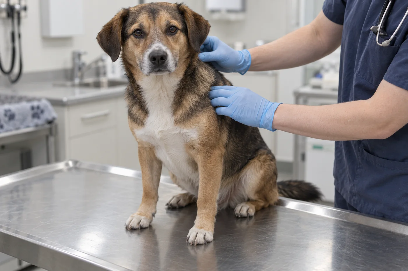 A calm dog sitting on a stainless steel exam table while a gloved veterinarian checks the skin and coat along its neck, the kind of skin check a dog skin allergy vet Chilliwack visit begins with