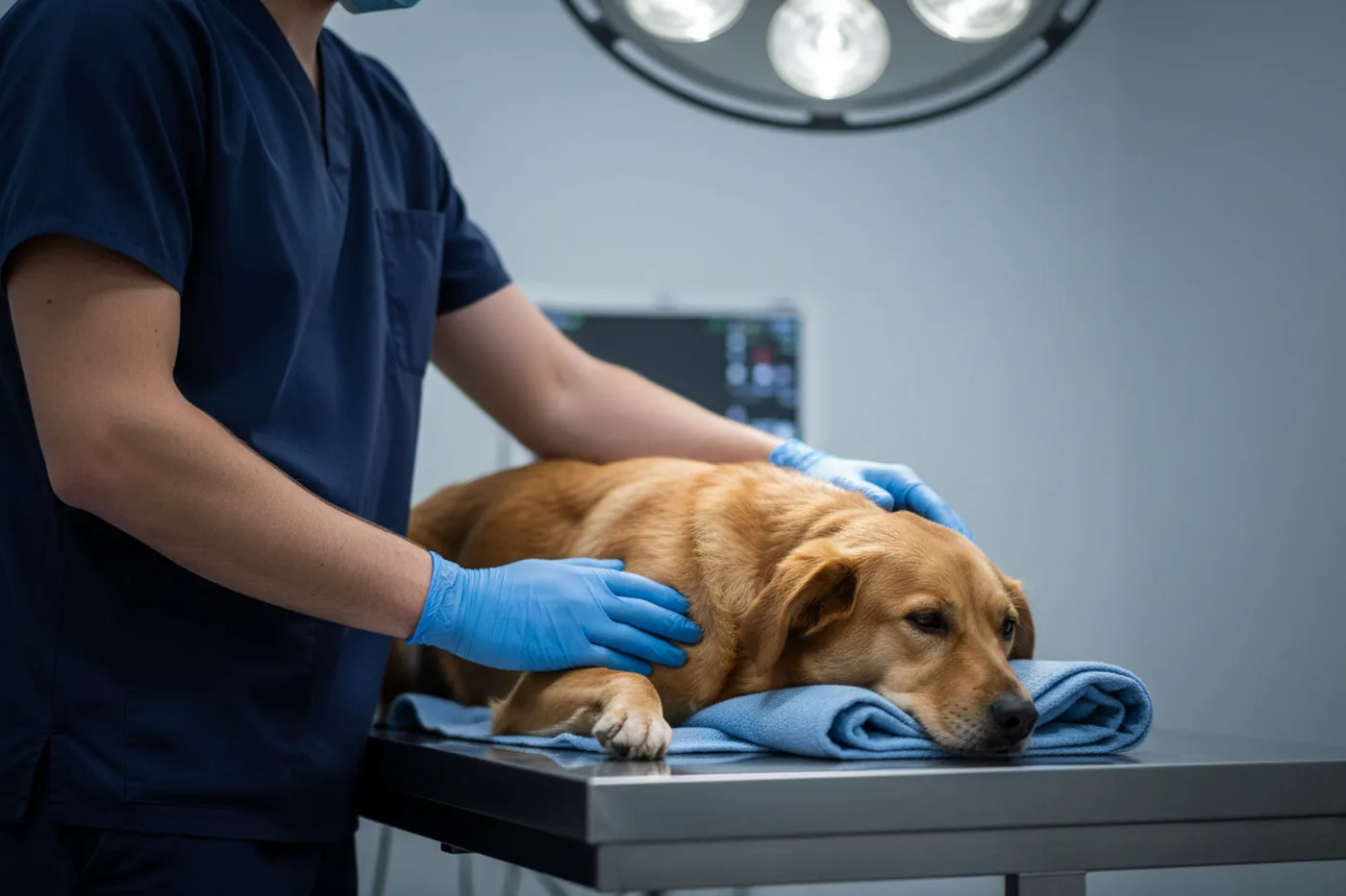 A veterinarian in navy scrubs and blue gloves settling a calm dog on the surgical table before emergency surgery for an intestinal blockage