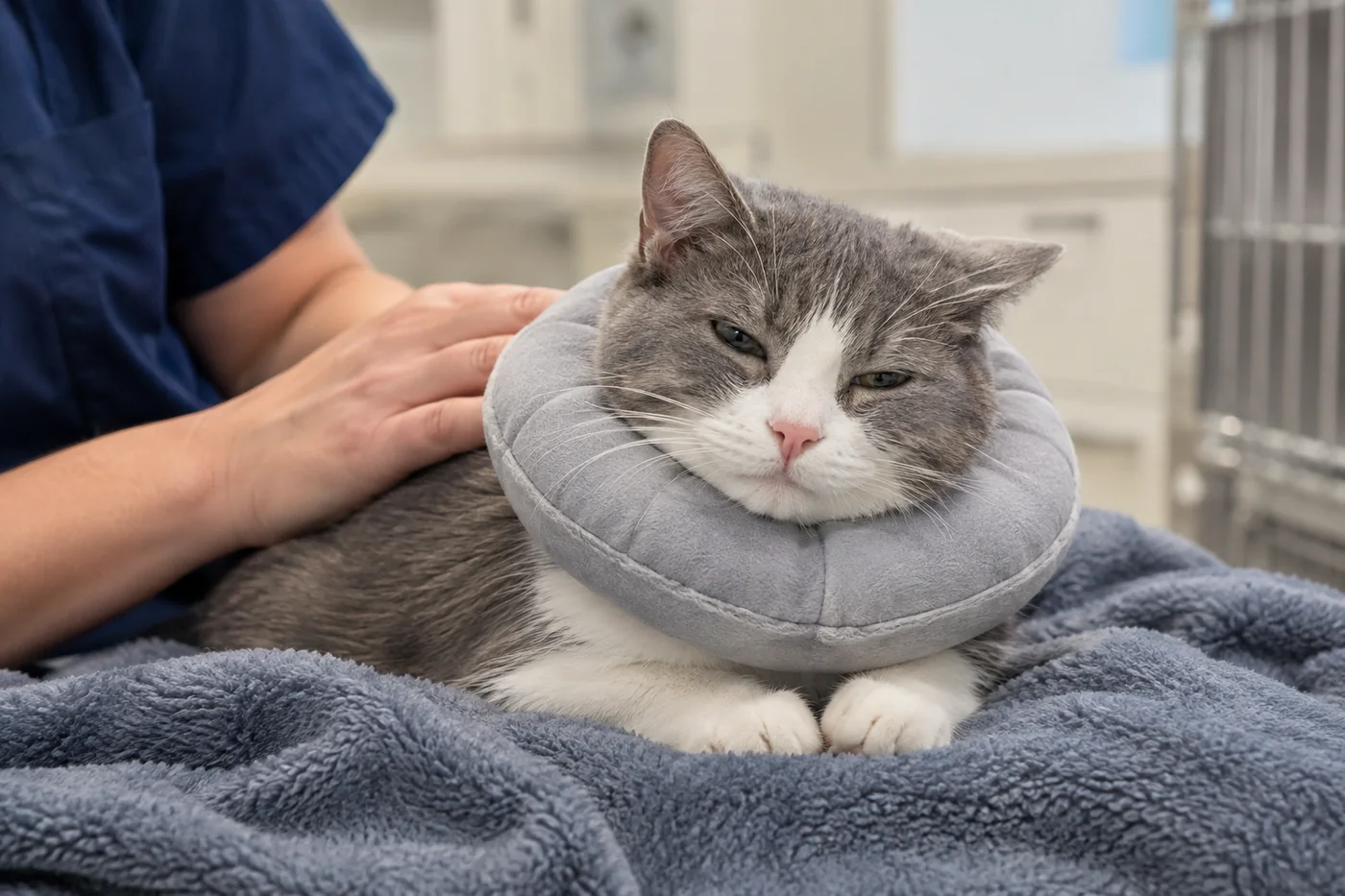 A grey and white cat resting on a blanket in a soft recovery collar while a team member strokes its back