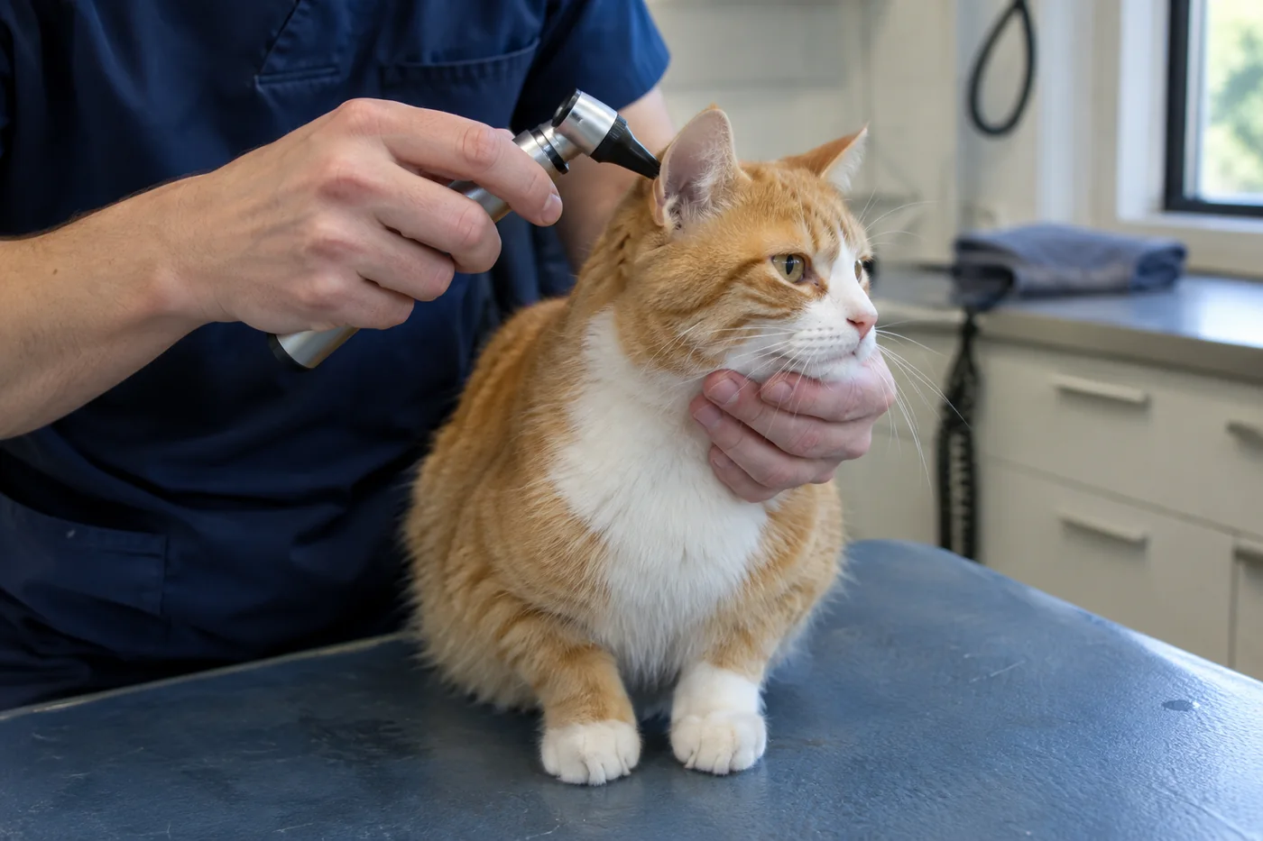 A ginger and white cat sitting calmly on an exam table while a veterinary team member checks its ear