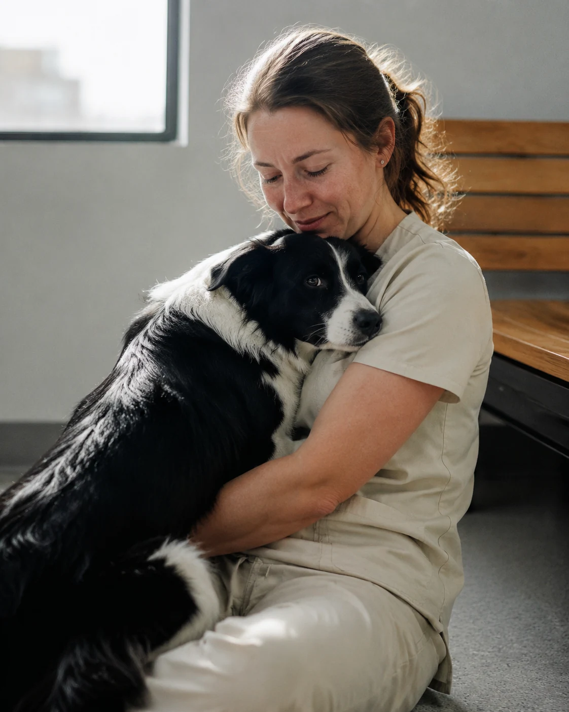 A veterinary team member sitting on the floor hugging a black and white dog