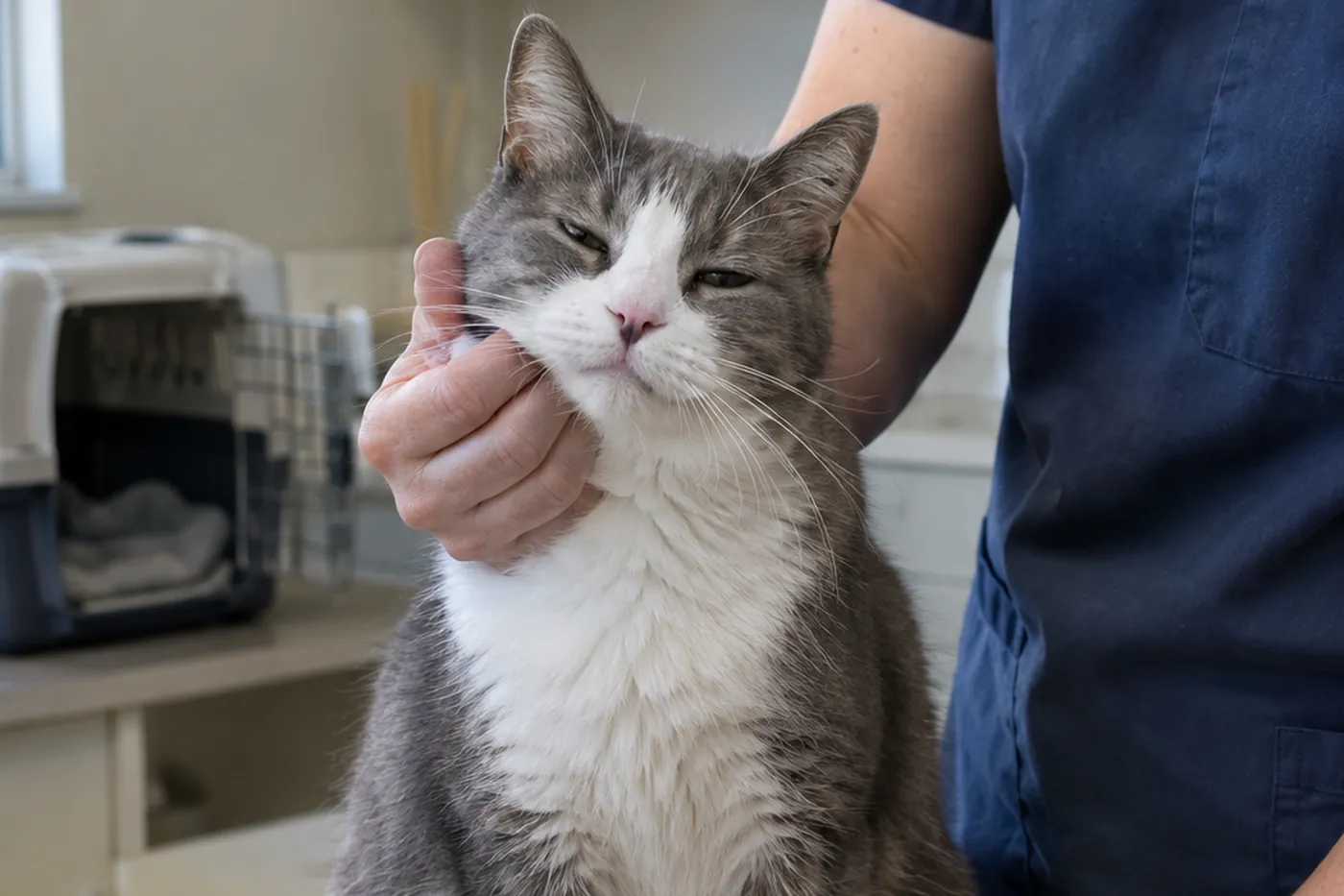 A relaxed grey and white cat having its chin stroked by a veterinarian in the exam room at Promontory Animal Hospital in Chilliwack, its carrier open behind it