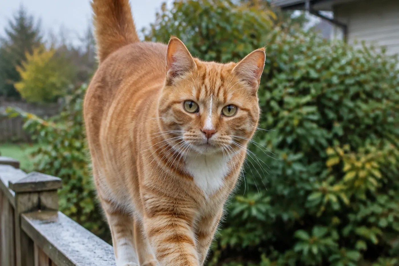 A ginger tabby cat walking along a backyard fence in Chilliwack, the kind of outdoor cat that may need the feline leukemia vaccine