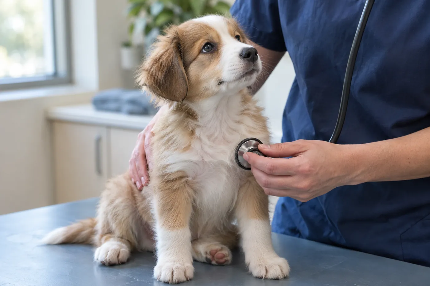 A veterinarian listening to a calm puppy's chest on the exam table at Promontory Animal Hospital in Chilliwack before its vaccinations